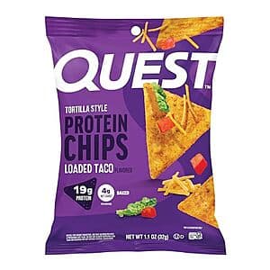 12-pack of Quest Tortilla Style Protein Chips in Loaded Taco flavor with branded packaging.