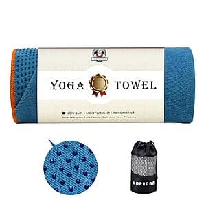 HAPBEAR microfiber non-slip yoga towel mat in blue or grey, 72 inches by 24 inches, rolled or laid flat.