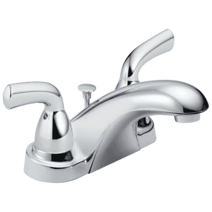 Delta Foundations chrome two-handle centerset bathroom faucet with modern lever design.