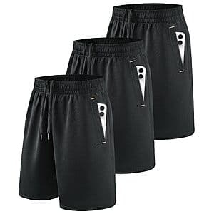 Three-pack of black and gray 9-inch men's athletic shorts laid flat, showing solid black, dark gray, and light gray color options.