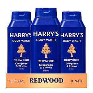 Three 18-oz bottles of Harry's Men's Body Wash in Redwood and Spring scents.