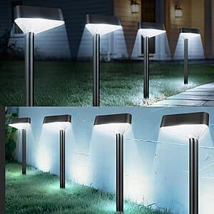 8-pack of Fashlits solar pathway lights with black stake bases, available in cold white or warm white color options.