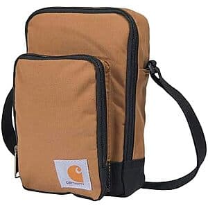 Carhartt Crossbody Zip Bag in brown or black with adjustable strap and front zip pocket.
