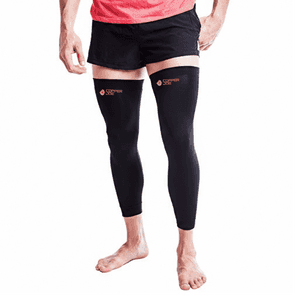 Two copper-infused leg compression sleeves with full-length coverage in neutral color.