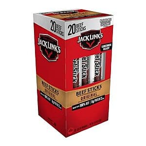 20-pack of Jack Link's Original Beef Sticks in individual 0.92 oz packages with red and brown branding.
