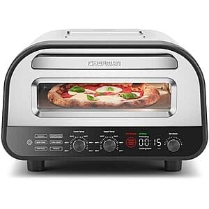 Chefman 12-inch stainless steel indoor electric pizza oven with countertop design.