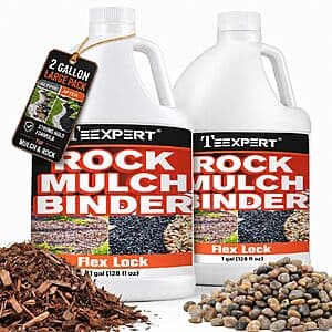 Two-gallon container of Teexpert Mulch Glue landscaping adhesive for securing pea gravel, stones, and mulch materials.