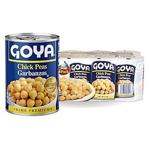 Eight 15.5-oz cans of Goya Chick Peas with yellow and red labeling arranged together.