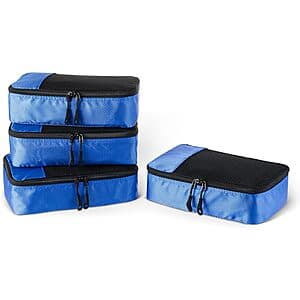 Blue 4-piece packing cube set with small, medium, large, and slim organizers featuring mesh panels and dual zippers.