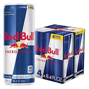 Four-pack of Red Bull Original energy drink in 8.4 oz cans with iconic blue and silver branding.