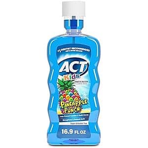 16.9-ounce bottle of ACT Kids Anticavity Fluoride Rinse in Pineapple Punch flavor with child-friendly pink labeling.