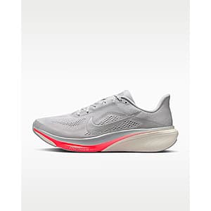 Nike Pegasus 42 men's running sneaker in white with lapis, total orange, and metallic silver accents.
