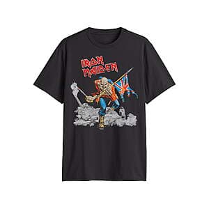 Iron Maiden men's graphic t-shirt with band logo design available in assorted colors and sizes.
