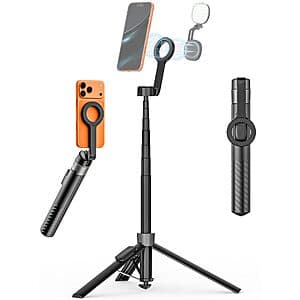 69-inch tall magnetic phone tripod with iPhone mount and included remote control, extending from floor level to full height.