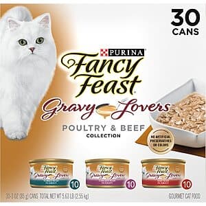 30-pack of 3-ounce Purina Fancy Feast Gravy Lovers wet cat food cans with poultry and beef variety packaging.