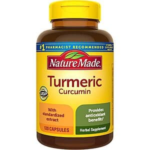 120-count bottle of Nature Made Turmeric Curcumin capsules, 500mg per capsule, displayed against a plain background.