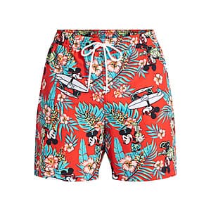 Disney men's swim trunks in blue featuring Mickey Mouse beach design, available in sizes S-3XL.