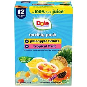 12-Pk 4-Oz Dole Fruit Bowl Snacks (Pineapple Tidbits & Tropical Fruit) $5.50 w/ S&S