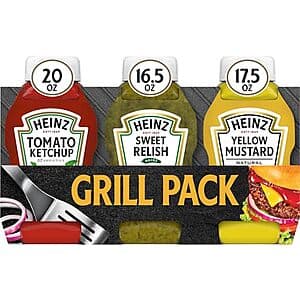 Three Heinz condiment bottles: red ketchup (20oz), amber relish (16.5oz), and yellow mustard (17.5oz) arranged together.