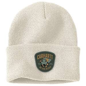 Carhartt Shamrock Patch Knit Beanie Hat in black or white, made from 100% acrylic rib-knit material with a woven patch detail.
