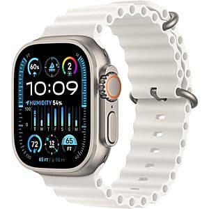 Apple Watch Ultra 2 with 49mm rugged titanium case and orange ocean band.