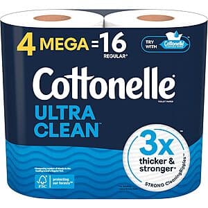 4-Pack Cottonelle Ultra Clean 1-Ply Mega Toilet Paper Rolls $3.75 w/ Subscribe & Save