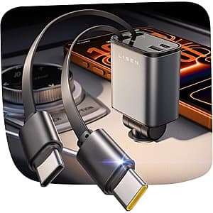 LISEN Retractable Car Charger, up to 69W w/ 3x USB-C, 1x USB-A $12