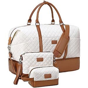 Stuery 3-piece 20-inch white travel duffel bag with shoe compartment and handles.