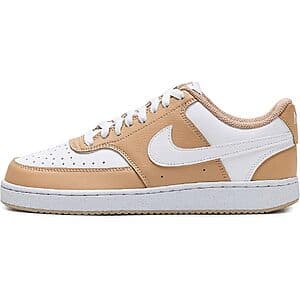 Nike Women's Court Vision Low Next Nature sneaker in hemp and white colorway, showcasing the classic low-top silhouette with perforated details.