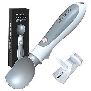 White SEAINGO rechargeable heated ice cream scoop with ergonomic handle and heating element.