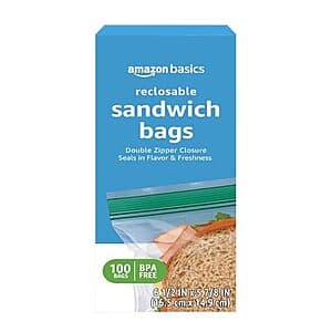 Prime Members: 100-Ct Amazon Basics Reclosable Double Zipper Sandwich Storage Bags $2.15 w/ Subscribe & Save