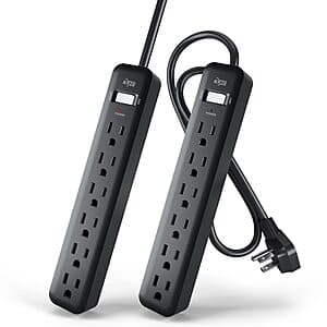 2-Pack KMC 6-Outlet Flat Plug Power Strip w/ 2' Cord $7