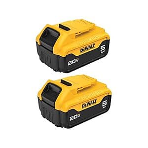 Two DeWALT 20V MAX 5Ah lithium-ion batteries with black and yellow casing.