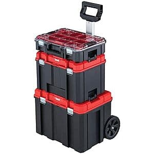 CRAFTSMAN VERSASTACK metal tool box with lockable latch and wheels, measuring 17.126 inches, shown in closed position.