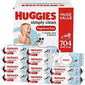 11-Pack 64-Count Huggies Simply Clean Baby Wipes (Fragrance Free) $12.10 w/ Subscribe & Save