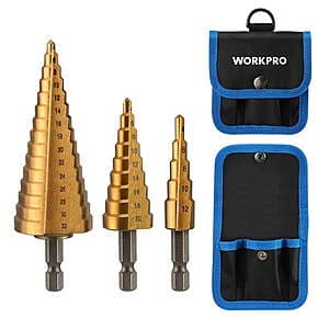 3-Pc Workpro 1/4" Hex Shank Titanium Coated Step Drill Bit Set w/ Carrying Bag $13 + Free S&H on $35+