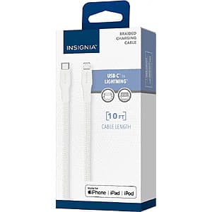 Insignia 10-foot USB-C to Lightning charging cable in moon gray color, coiled for product display.