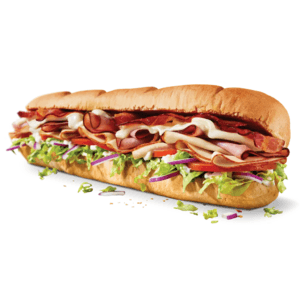 Subway sandwich featuring fresh vegetables and toppings in a six-inch or footlong sub roll.