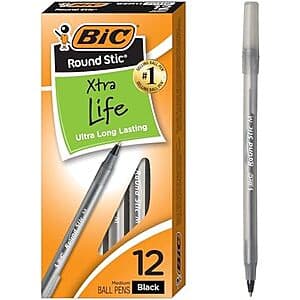 12-Ct BIC Round Stic Xtra Life Black Ballpoint Pens (Medium Point 1.0mm) $1.20