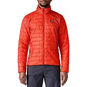 Patagonia Men's Nano Puff Jacket in vibrant sizzle red with a modern quilted design and zip closure.