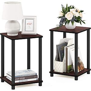 Furinno Turn-N-Tube 2-tier corner end table with dark cherry and black finish, compact design suitable for small spaces.