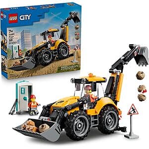 Yellow LEGO backhoe loader construction vehicle with minifigures and building blocks from the LEGO City series.