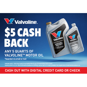 Purchase Any 5-qt Bottle or Five 1-qt Bottles of Valvoline Motor Oil Get $5 Visa Virtual Reward Card via Rebate