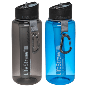 Two 22oz. Lifestraw Go leakproof water bottles with straw-top filters in various color options.