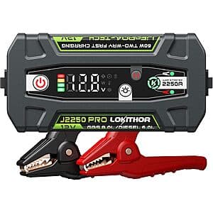 LOKITHOR J2250 PRO compact 2250A jump starter with black and red housing and ConnectMax cable connectors.