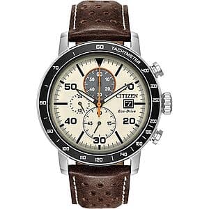 Citizen Men's Eco-Drive Weekender Brycen chronograph watch with 44mm case in stainless steel, featuring multiple subdials and a dark dial with chronograph function.