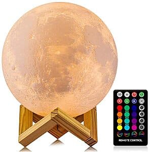 4.8" LOGROTATE USB Rechargeable Moon Lamp w/ 16-Colors, Remote & Wooden Stand $7.50