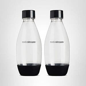 Two black SodaStream 0.5L slim bottles that are dishwasher safe.