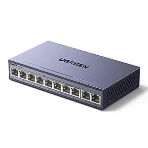 UGREEN 10-Port PoE Switch 1000Mbps 8 PoE+@60W + 2 Gigabit Uplink $37.95 & More