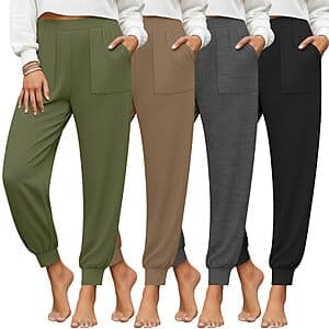 Four-pack of women's black and grey joggers and yoga pants with side pockets in various designs.